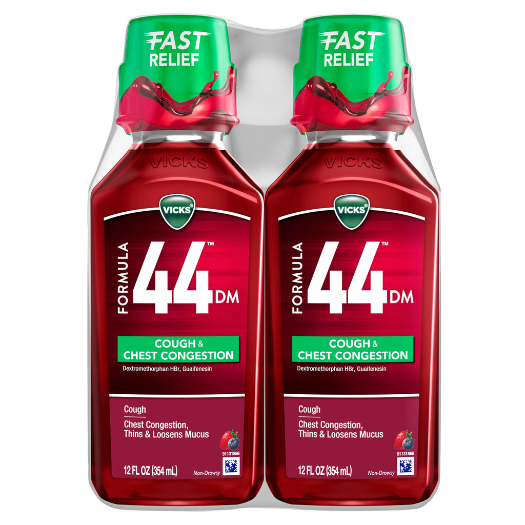 Buy now Vicks Formula 44 DM Cough & Congestion Liquid, Over-The-Counter Medicine, Day or Night, Cough Syrup, Powerful Cough and Congestion Relief, Cough Suppressant and Expectorant, Berry Flavor, 2x12 FL OZ at indiglob india