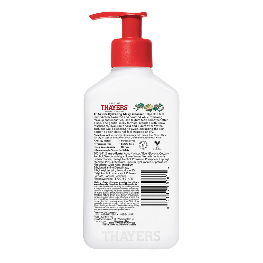 Thayers Milky Hydrating Face Cleanser with Snow Mushroom and Hyaluronic Acid, Dermatologist Recommended Gentle Facial Wash and Hydrating Skincare for Dry and Sensitive Skin, Paraben Free, 8 Fl Oz