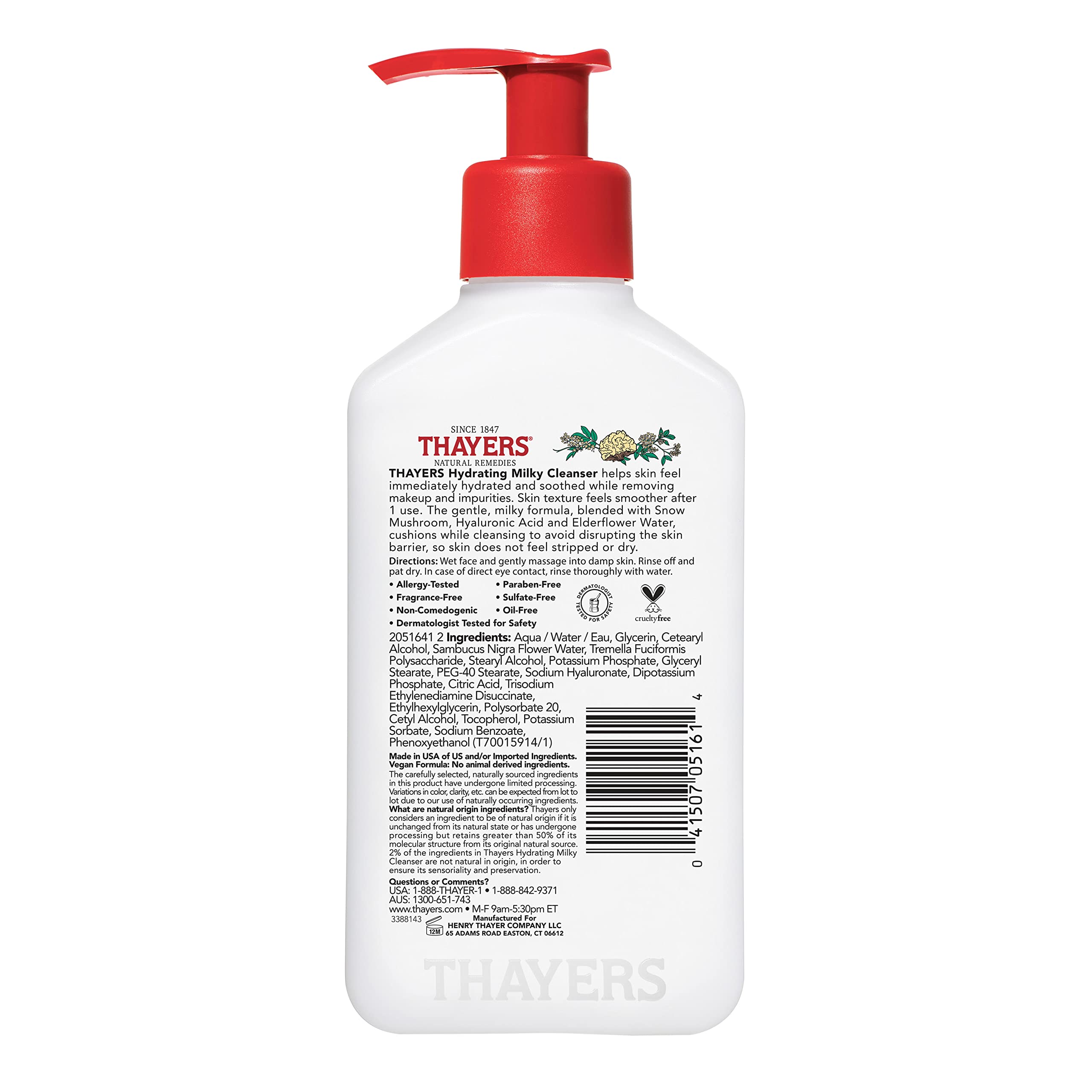 Thayers Milky Hydrating Face Cleanser with Snow Mushroom and Hyaluronic Acid, Dermatologist Recommended Gentle Facial Wash and Hydrating Skincare for Dry and Sensitive Skin, Paraben Free, 8 Fl Oz