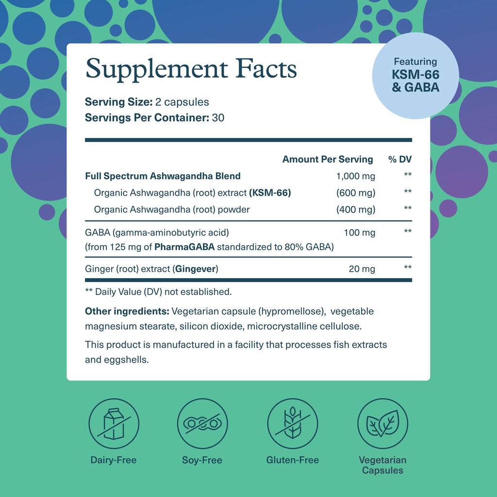 Youtheory Ashwagandha + GABA, 60 Vegetarian Capsules, 30-Day Supply | Adaptogenic Blend with Organic KSM-66 Ashwagandha and Ginger, Aids Stress Relief and Mood*, Supports Energy Levels*