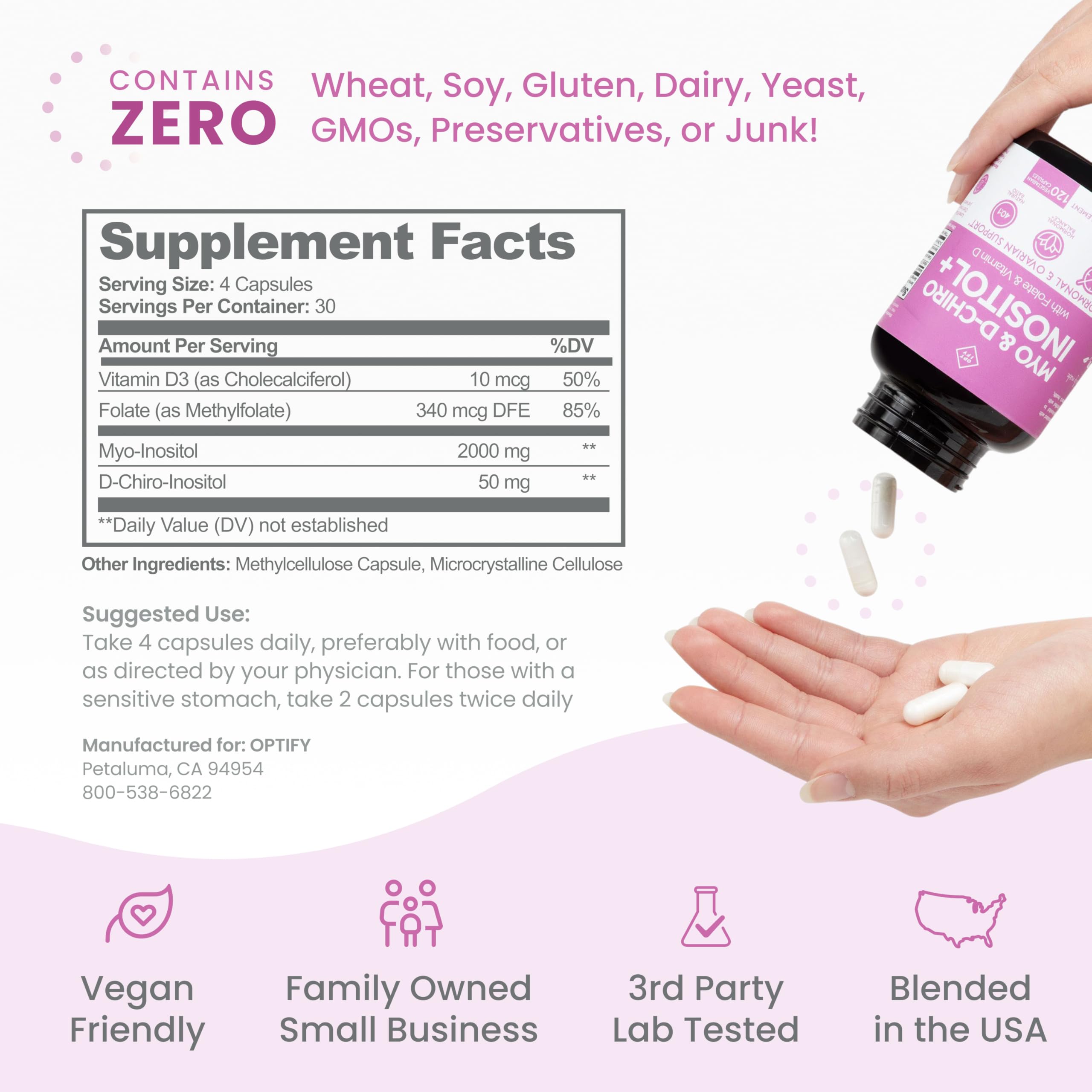 Optify Myo-Inositol & D-Chiro Inositol Supplement for Women | 40:1 Ratio Plus Folate and Vitamin D | Support Healthy Hormonal Balance, Regular Cycles, & Ovarian Health (120 Count (Pack of 1))