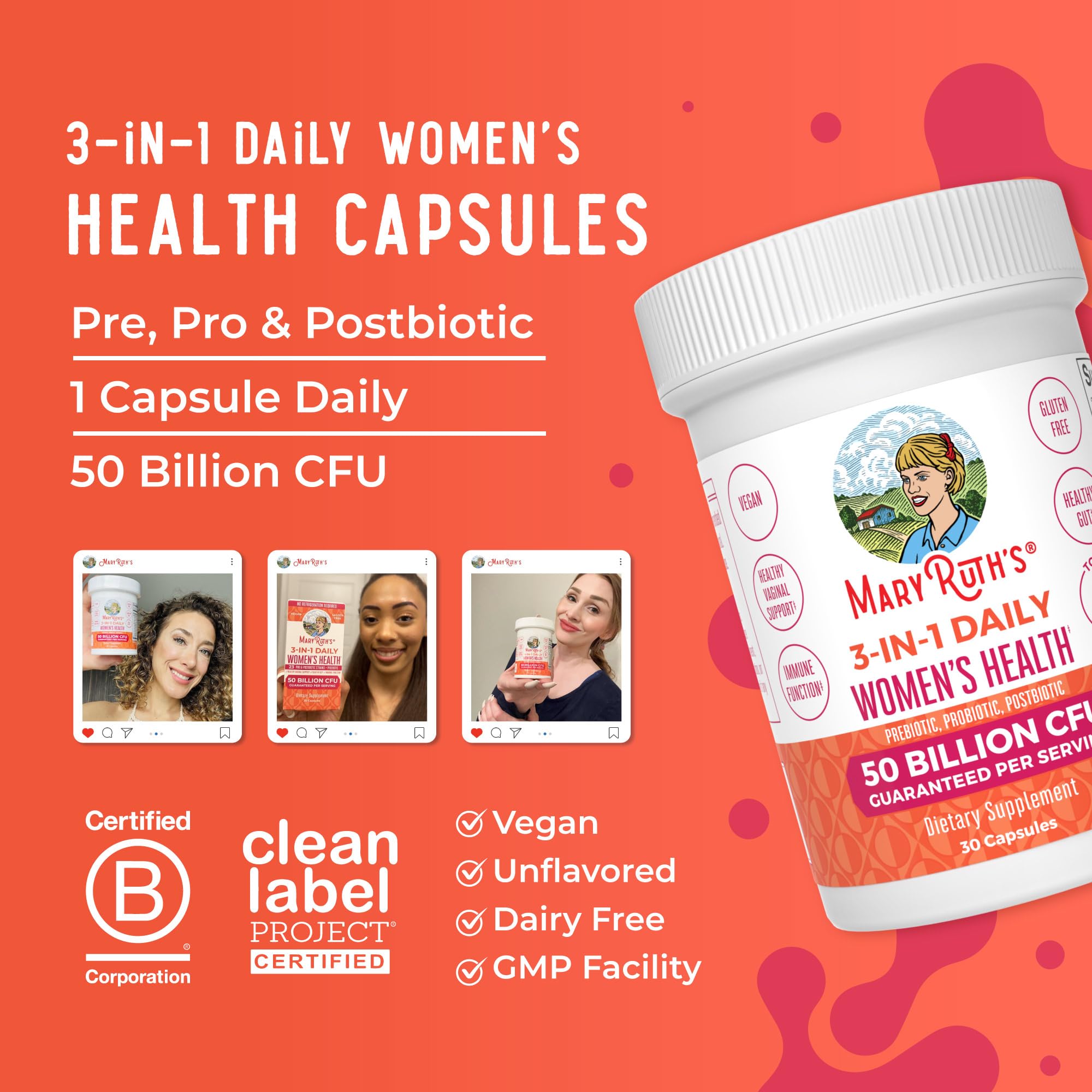 MARYRUTH'S 3-in-1 Daily Health Probiotics + Postbiotics for Women | Hormone Support & Gut Health Supplement for Women | Women’s Probiotic Supports Vaginal Health | 50 Billion CFU | Vegan | 30 ct