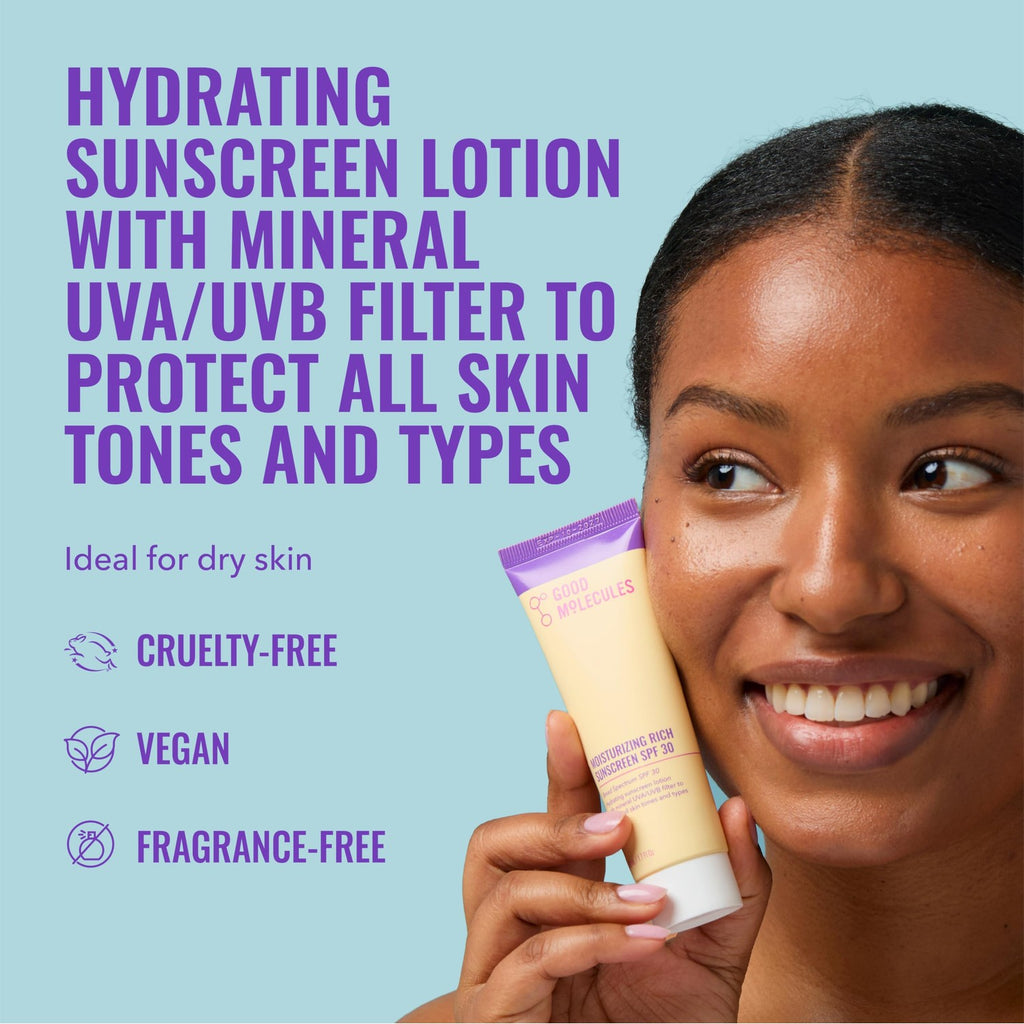 Good Molecules Moisturizing Rich Face Sunscreen Broad Spectrum SPF 30, 1 oz | Hydrating mineral sunscreen lotion with zinc oxide. Broad spectrum UVA/UVB protection for all skin tones and types.