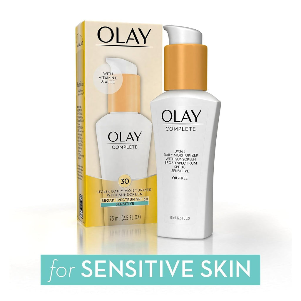 Buy now Olay Face Moisturizer, Complete with Sunscreen SPF 30, Fragrance-Free for Sensistive Skin, Broad Spectrum Sun Protection, Long-Lasting Hydration, Non-Comedogenic - Vitamin E & Aloe - 2.5 Oz - 2 Pack at indiglob india