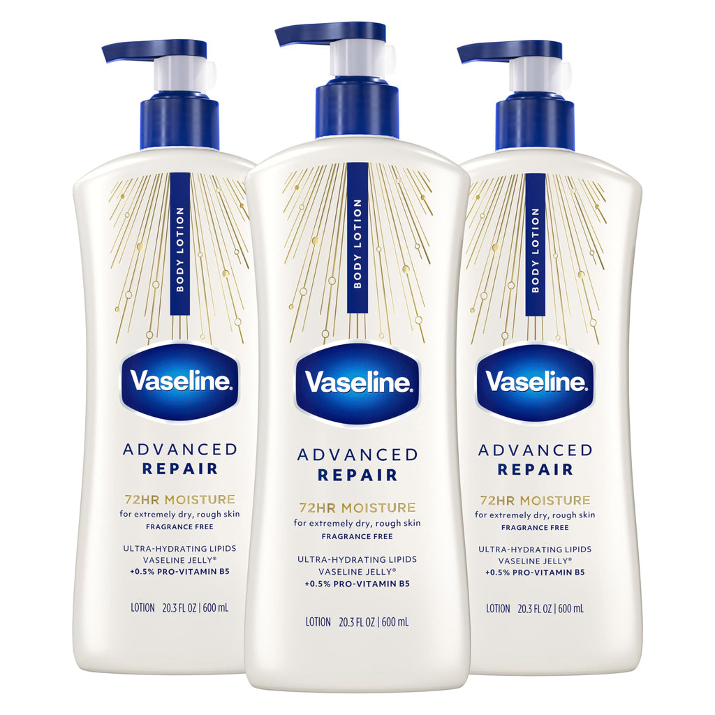 Vaseline Advanced Repair Body Lotion for Dry Skin, Unscented 20.3oz 3ct | Body moisturizer delivers 72HR moisture with Vaseline Jelly & Ultra-Hydrating Lipids to help restore skin's moisture barrier