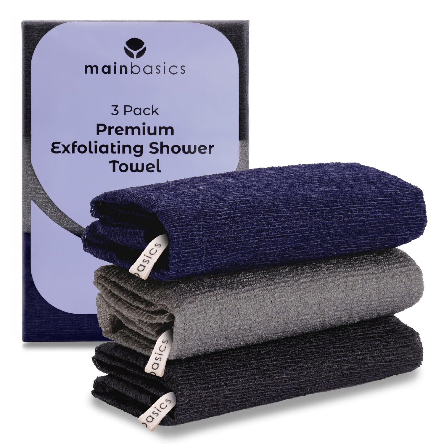 MainBasics Japanese Deep Exfoliating Shower Towel, 3 Pack, Black Ice | Japanese Nylon, Body Washcloth, Textured for Effective Exfoliation, Quick-Dry, Durable, Helps Reveal Smoother Skin