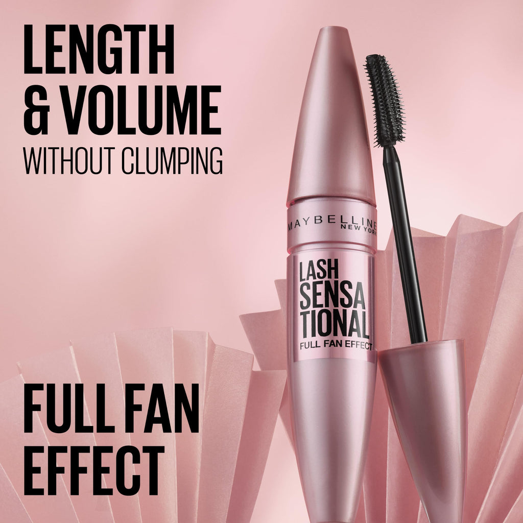 Maybelline Lash Sensational Washable Mascara, Lengthening and Volumizing for a Full Fan Effect, Blackest Black, 1 Count