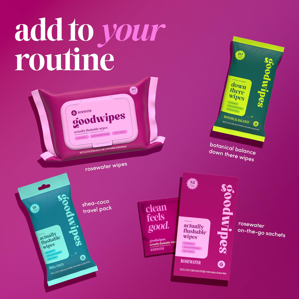 goodwipes Flushable Wipes - Rosewater, 153 Wipes (3 Pack + 3 Singles)