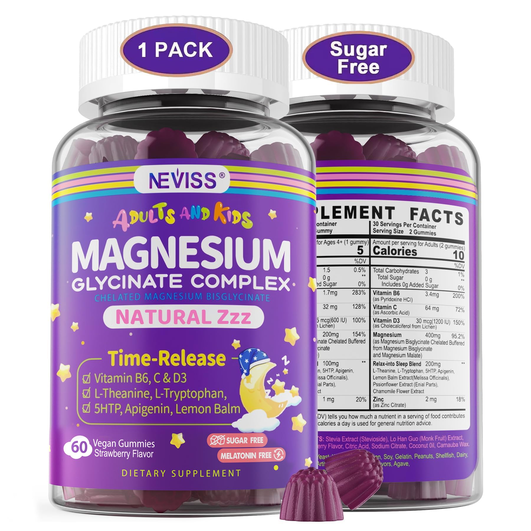 Magnesium Glycinate Gummies for Adults & Kids 4+, Sugar Free Magnesium Bisglycinate Supplement 400/200mg with B6D3, L-Theanine for Sleep & Relaxation, Brain, Muscle, Melatonin Free Gummies,1Pack
