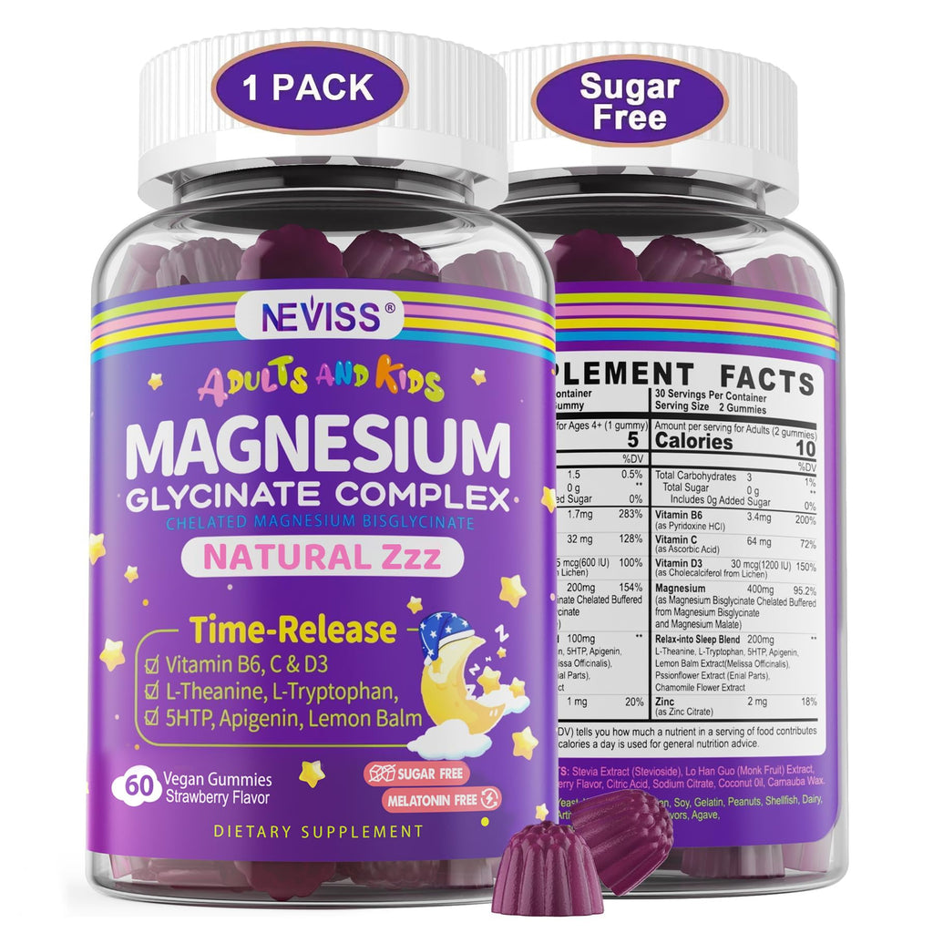 Magnesium Glycinate Gummies for Adults & Kids 4+, Sugar Free Magnesium Bisglycinate Supplement 400/200mg with B6D3, L-Theanine for Sleep & Relaxation, Brain, Muscle, Melatonin Free Gummies,1Pack