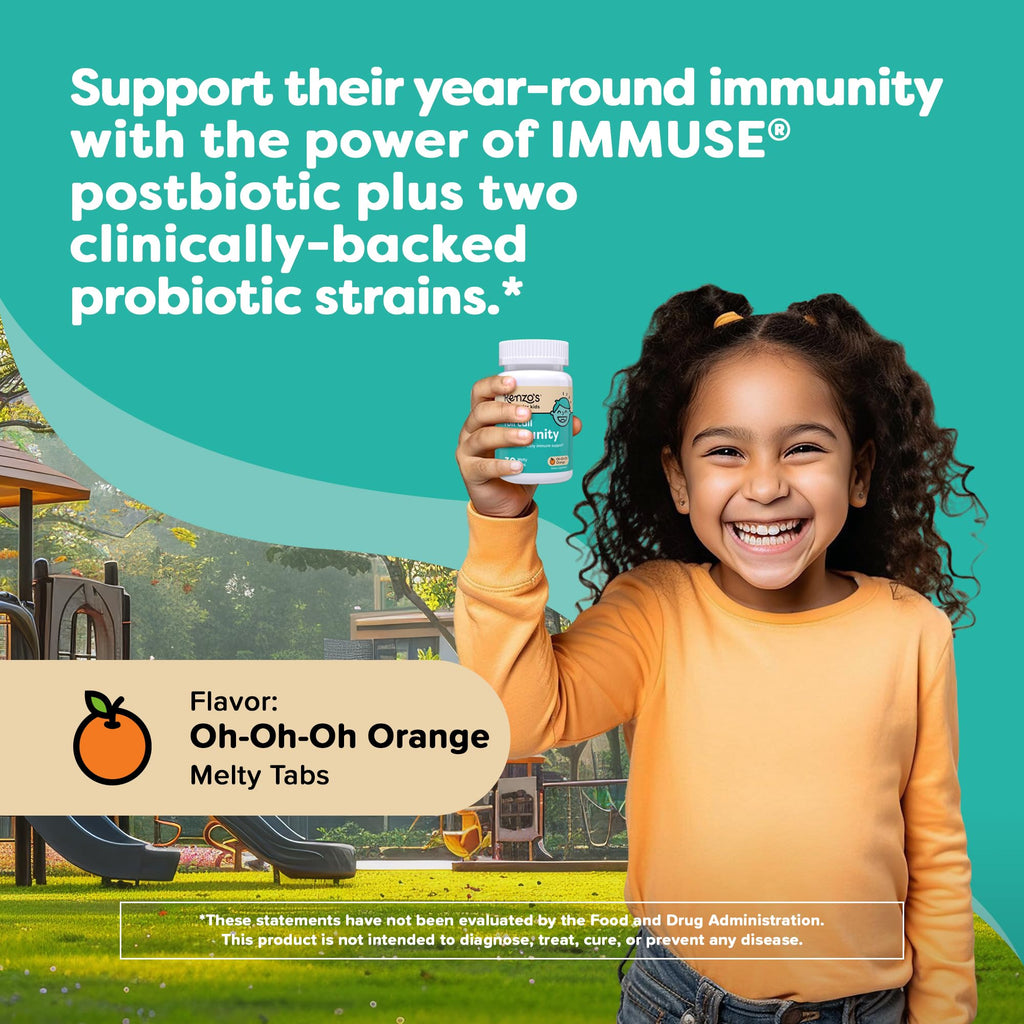 Renzo's Roll Call Immunity Kids Immune Support, Dissolvable Tabs, 30-Count | Clinically-Studied IMMUSE Postbiotic & Probiotic Immunity Blend, Classroom Support, Sugar-Free, Orange Flavor, 1-Month Supply