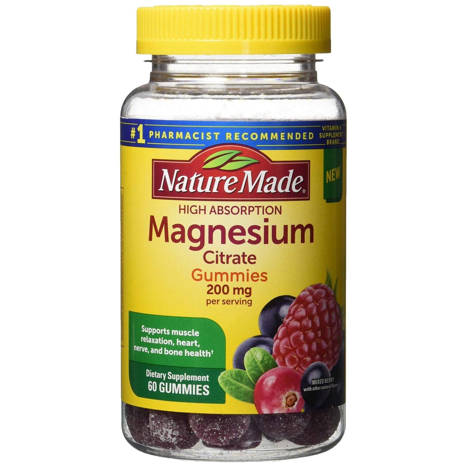 Nature Made High Absorption Magnesium Citrate 200mg per Serving, 60 Gummies | Magnesium Supplement for Muscle, Nerve, Bone and Heart Health Support, Mixed Berry Flavored Magnesium Gummies, 30 Day Supply