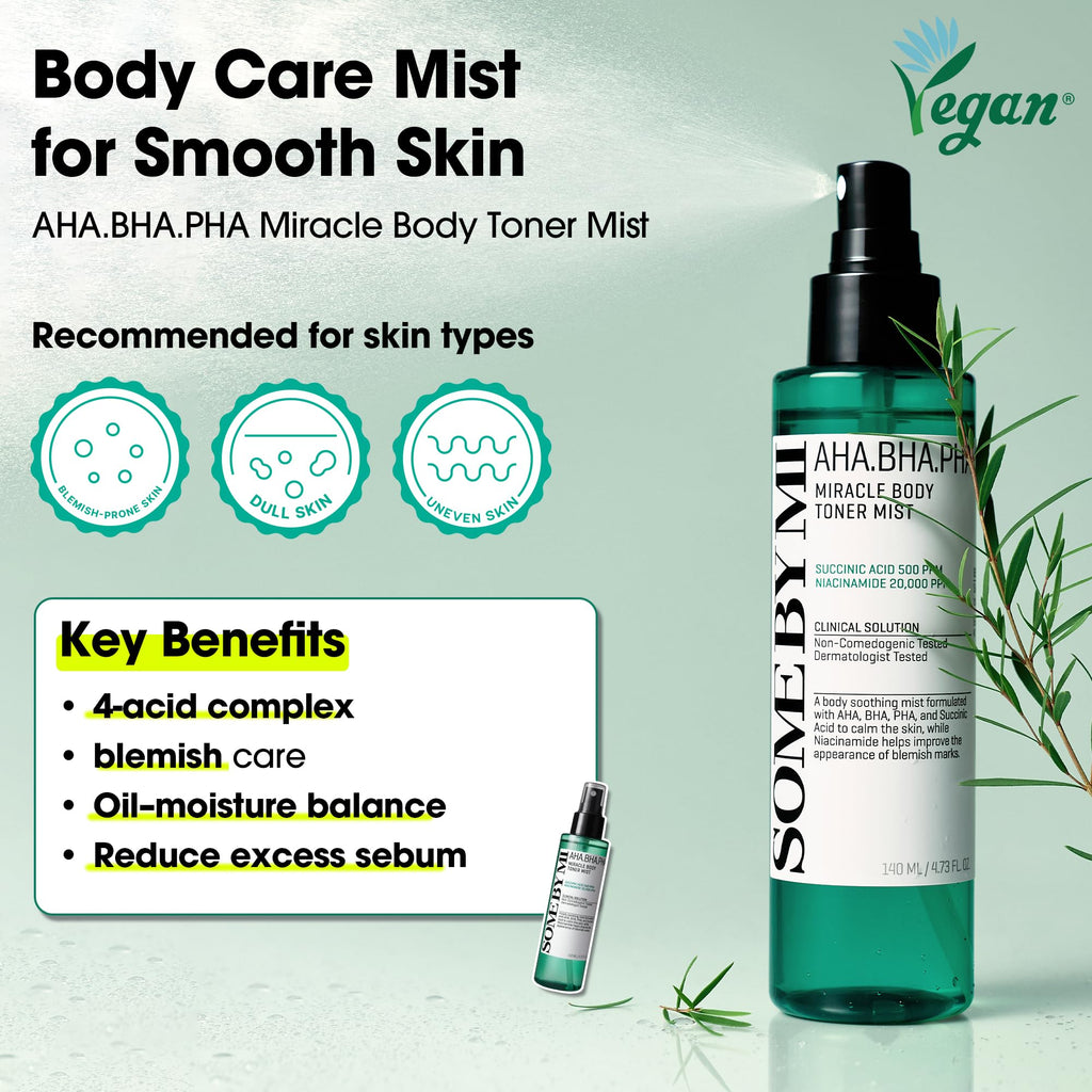 SOME BY MI AHA BHA PHA 30 Days Miracle Body Toner Mist – 4.73oz, 140ml – Body Spray for Back & Chest, Body Mist with Tea Tree, Niacinamide – Korean Skincare