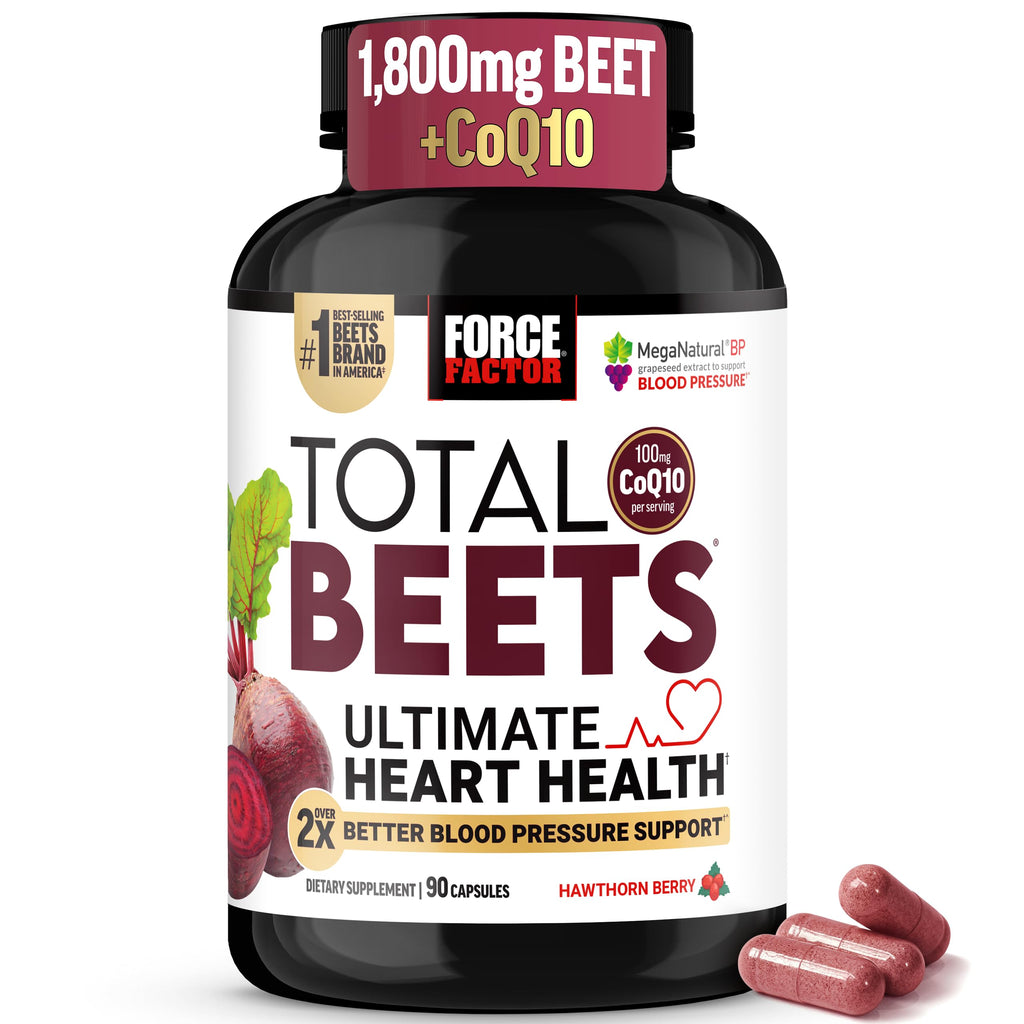 Force Factor Total Beets Ultimate Heart Health 1800mg Beet Root Capsules | Blood Pressure Support Supplement with CoQ10 for Nitric Oxide & Blood Flow with Grapeseed, Hawthorn Berry, 90 Capsules