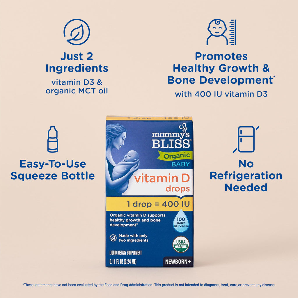 Mommy's Bliss Organic Baby Vitamin D Drops, No Artificial Color, 0.11 Fl Oz | Vitamin D3 that promotes healthy growth and bone development in newborns and up; 100 servings per pack