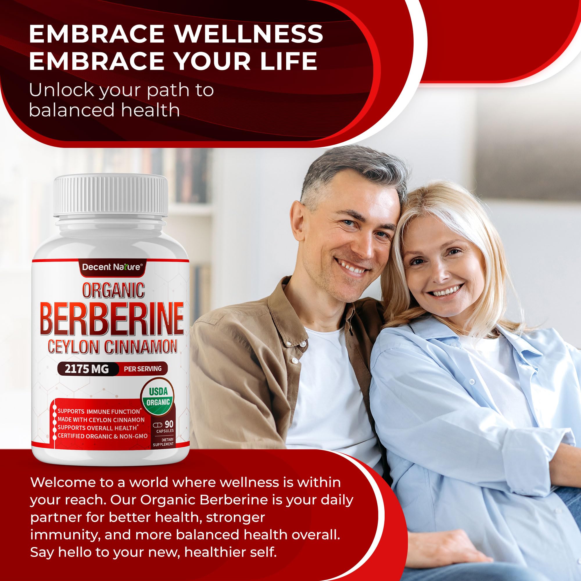 Organic Berberine with Ceylon Cinnamon 2175mg - Premium berberine supplement high purity extract USDA Organic, support immune system, Berberine Plus Complex, Non-GMO Vegan for Men Women 90 Capsules