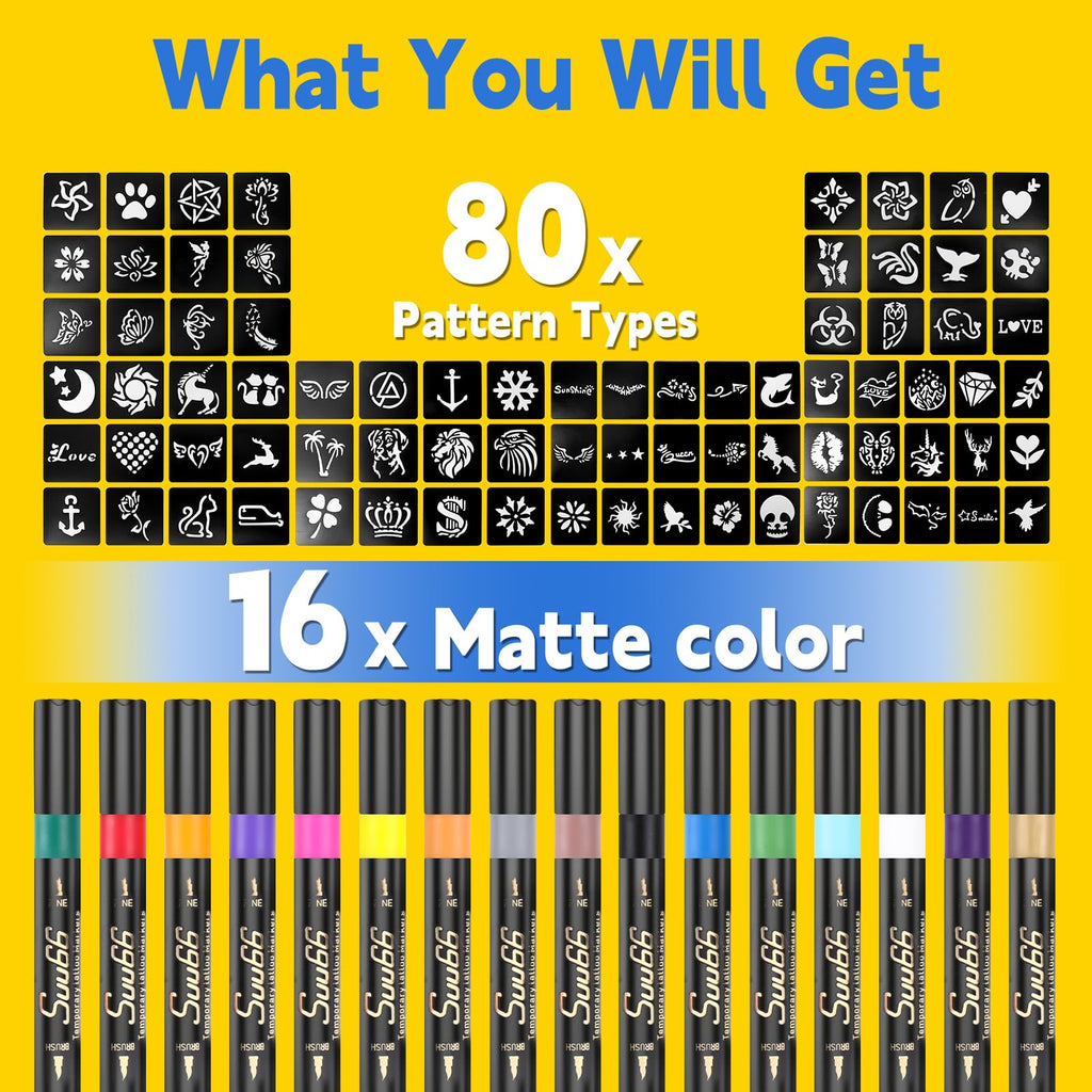 Suu66 Temporary Tattoo Markers Kit, Dual-End 16 Colors with 80 Stencils for Body Art | Skin-Safe, Washable, Cosmetic-Grade | for Kids & Adults