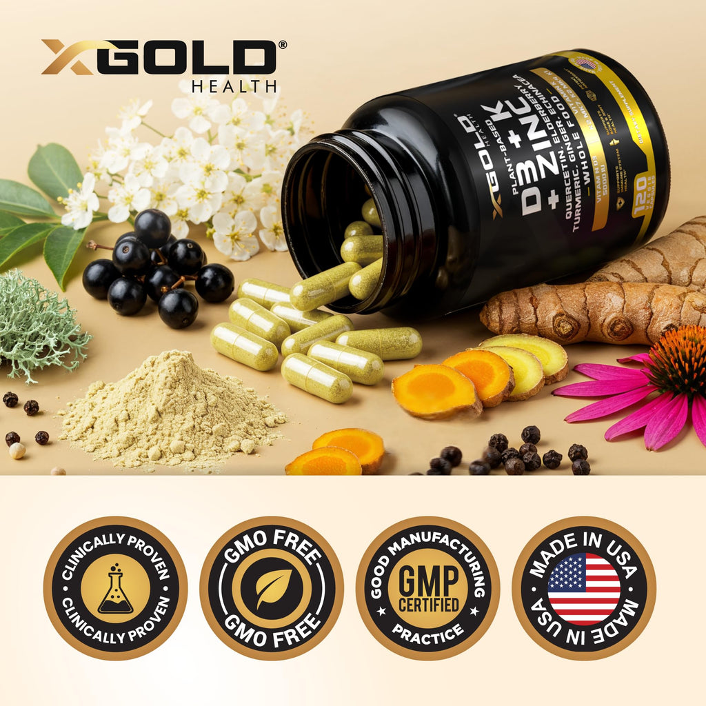 Vitamin D, K2, K1, Zinc, Quercetin, Elderberry, Turmeric, Ginger & Echinacea Whole Food Supplement 8 in 1- D3 5000 IU Plant-Based from Lichen, Vitamin K (K2 MK7, MK4, K1), D3 K2 Vitamins -120 Capsules
