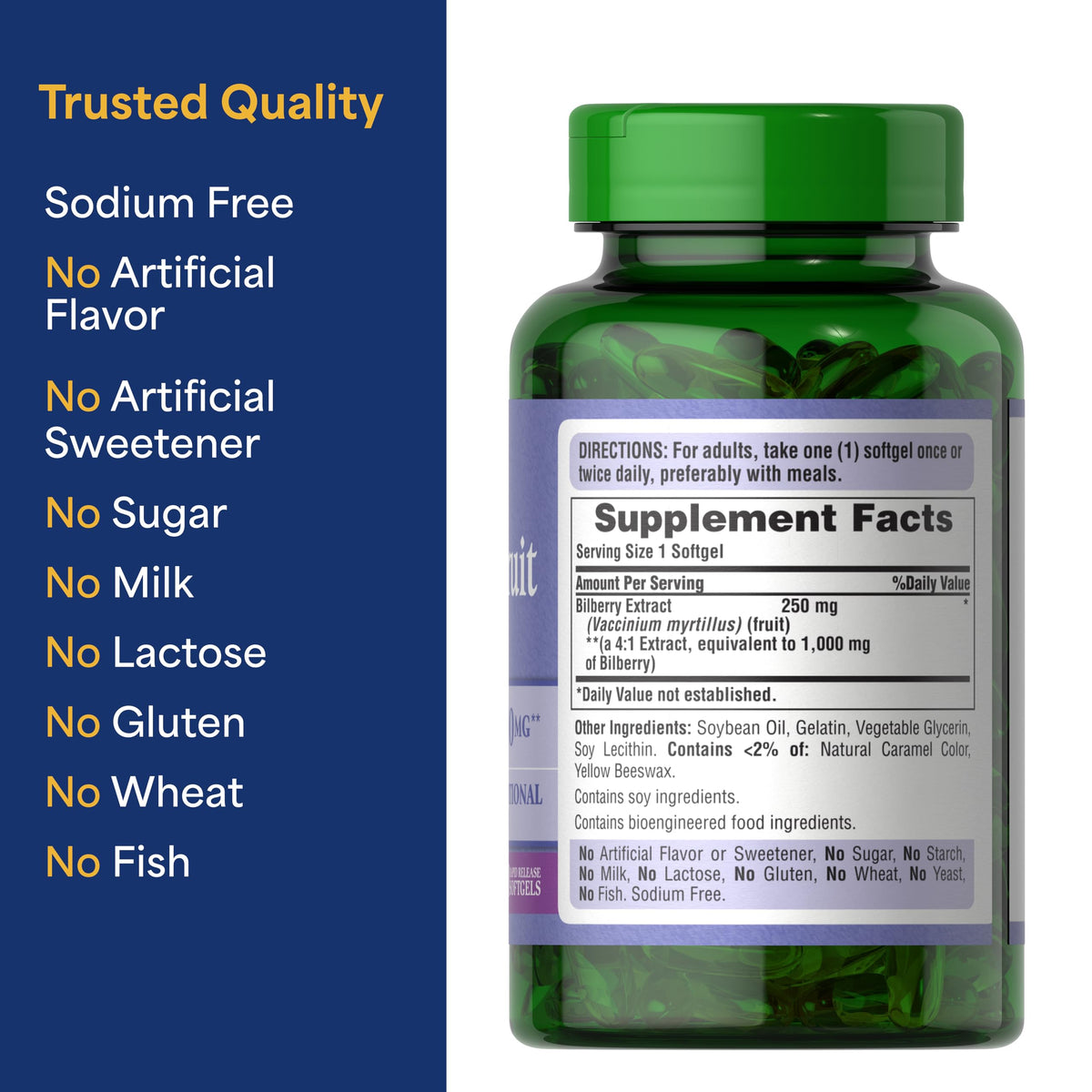 Puritan's Pride Premium Bilberry Fruit Extract 250mg, 180 Softgels