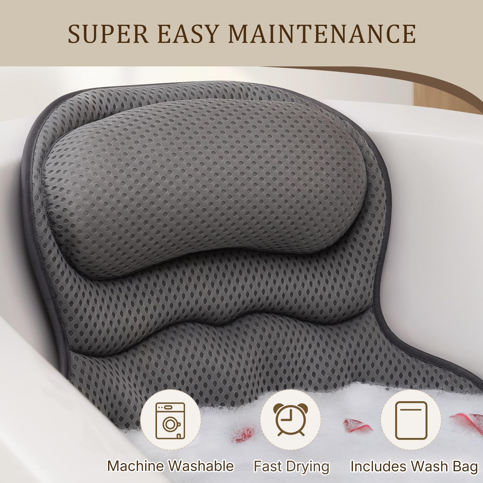 Bath Pillows for Tub, Luxury Bathtub Pillow for Head and Neck Support, Gray | Soft 4D Mesh, Padded Headrest, 6 Non-slip Suction Cups, Quick-drying, Machine Washable, Wash Bag Included, Bath Accessories