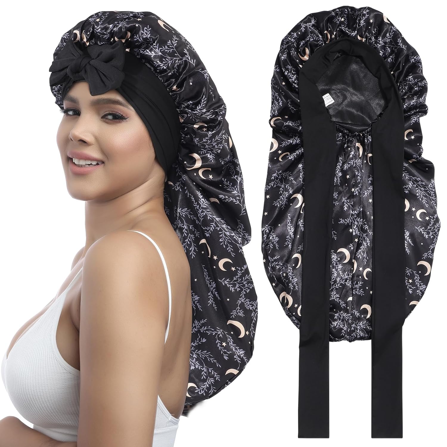 Buy now AWAYTR Long Satin Bonnet for Women - Double Layer Elastic Silk Bonnet for Braids Hair Sleeping Cap with Tie Band (Rose Gold) One Size Star and Moon+black at indiglob india