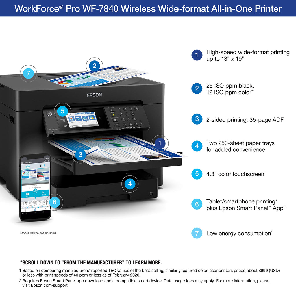 Epson Workforce Pro WF-7840 Wireless All-in-One Wide-Format Inkjet Printer