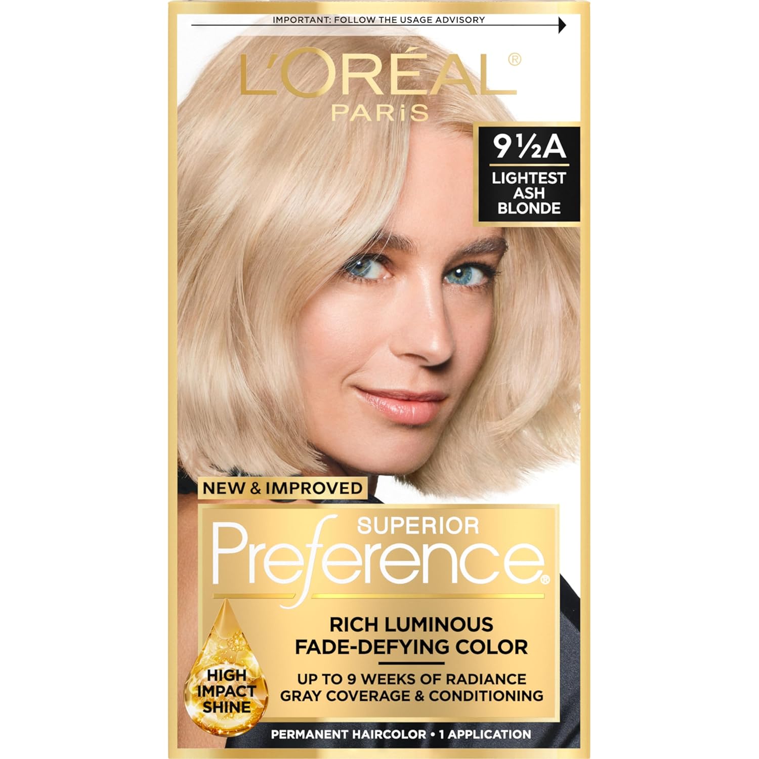 Buy now L'Oreal Paris Superior Preference Luminous Fade-Defying Permanent Hair Color, Hair Dye For Up to 9 Weeks of Radiance, Light Ash Blonde 9A, 1 Hair Dye Kit 9.5A Lightest Ash Blonde 1 Count (Pack of 1) at indiglob india