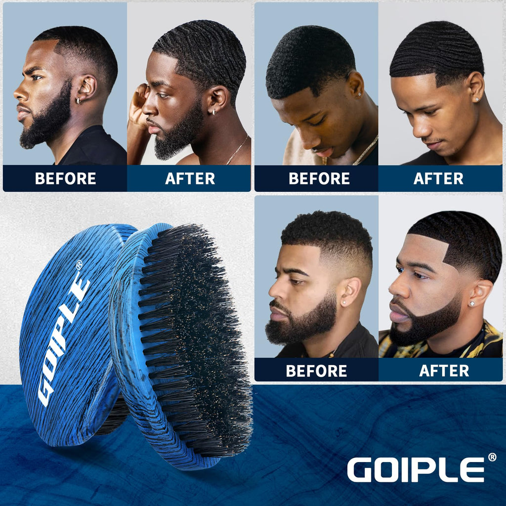 360 Curved Wave Brush For Men & Beard - Medium Hard Palm Wave Hair Brushes Wave Styler Great for Wolfing - Made with Beech Mix Boar & Nylon Bristle Brush for Barbers & Daily Use Black Hair (Blue)
