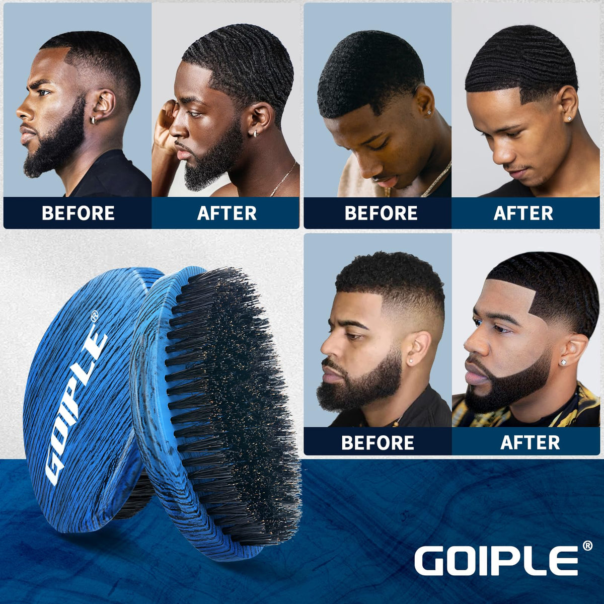 360 Curved Wave Brush For Men & Beard - Medium Hard Palm Wave Hair Brushes Wave Styler Great for Wolfing - Made with Beech Mix Boar & Nylon Bristle Brush for Barbers & Daily Use Black Hair (Blue)