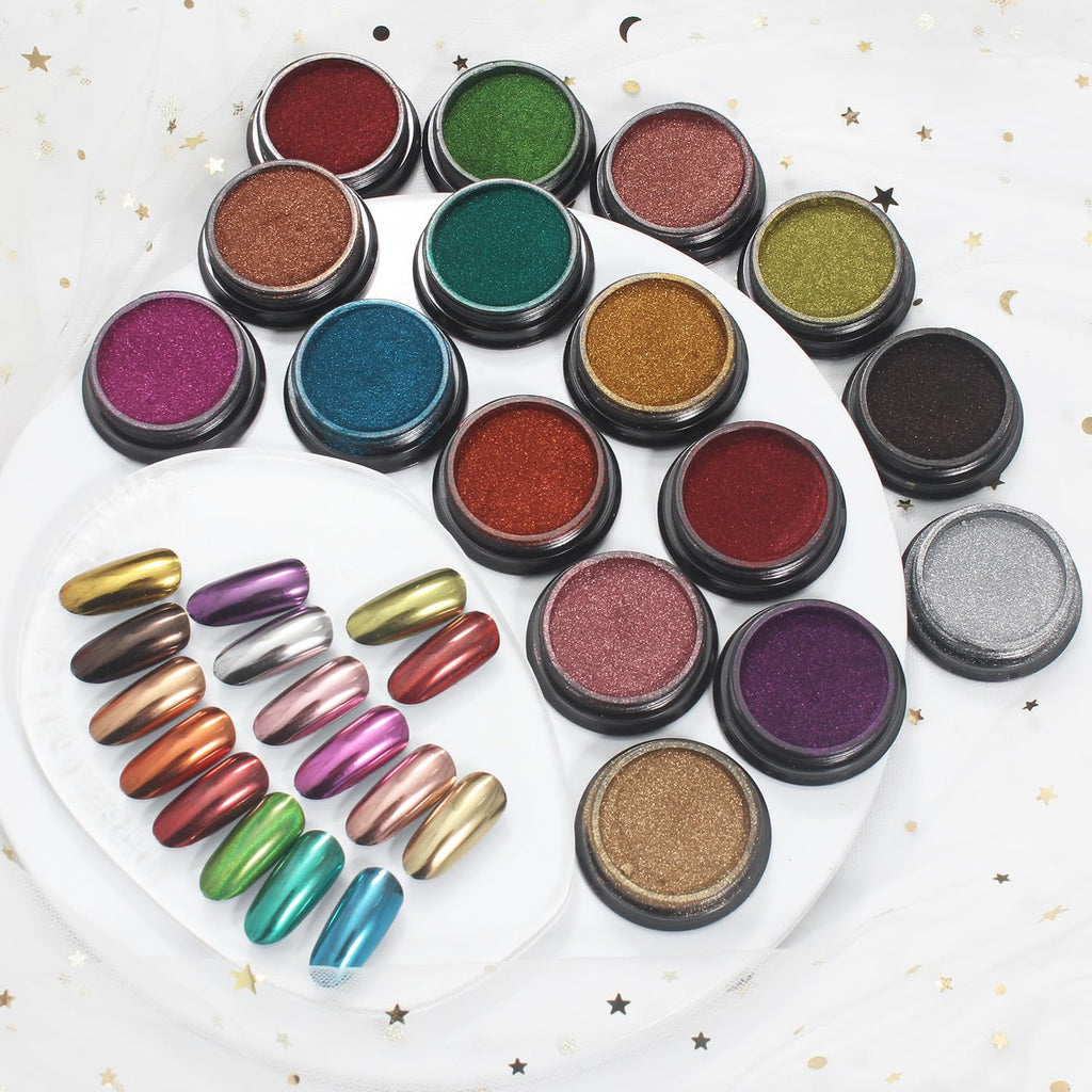 16 Jars Chrome Nail Pearl Powder Silver and Gold Mirror Iridescent Aurora Metallic Nail Pigment Pearlescent Mermaid Pigment Pearl Dust Kit, Nail Art Decoration, Acrylic Resin Craft