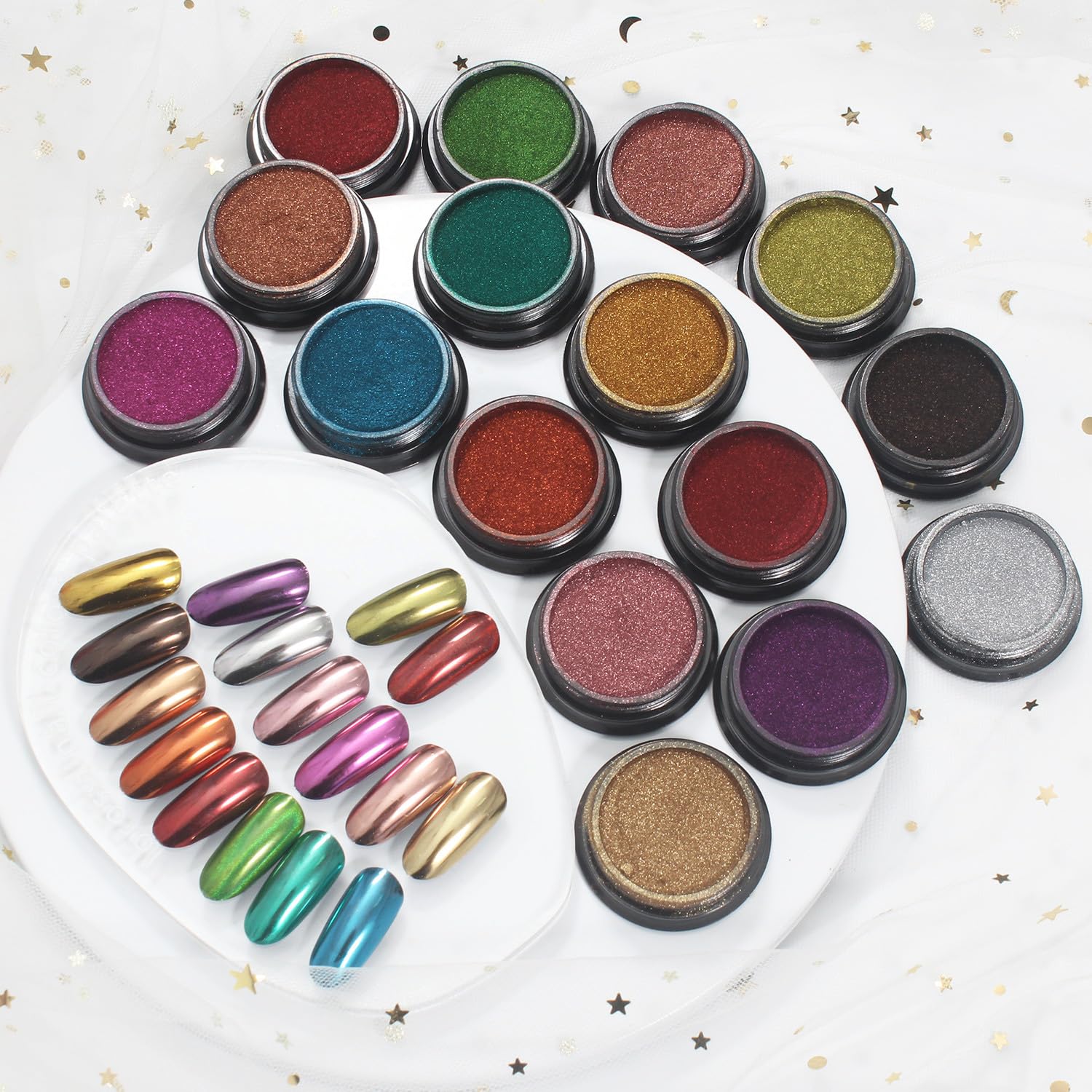 16 Jars Chrome Nail Pearl Powder Silver and Gold Mirror Iridescent Aurora Metallic Nail Pigment Pearlescent Mermaid Pigment Pearl Dust Kit, Nail Art Decoration, Acrylic Resin Craft