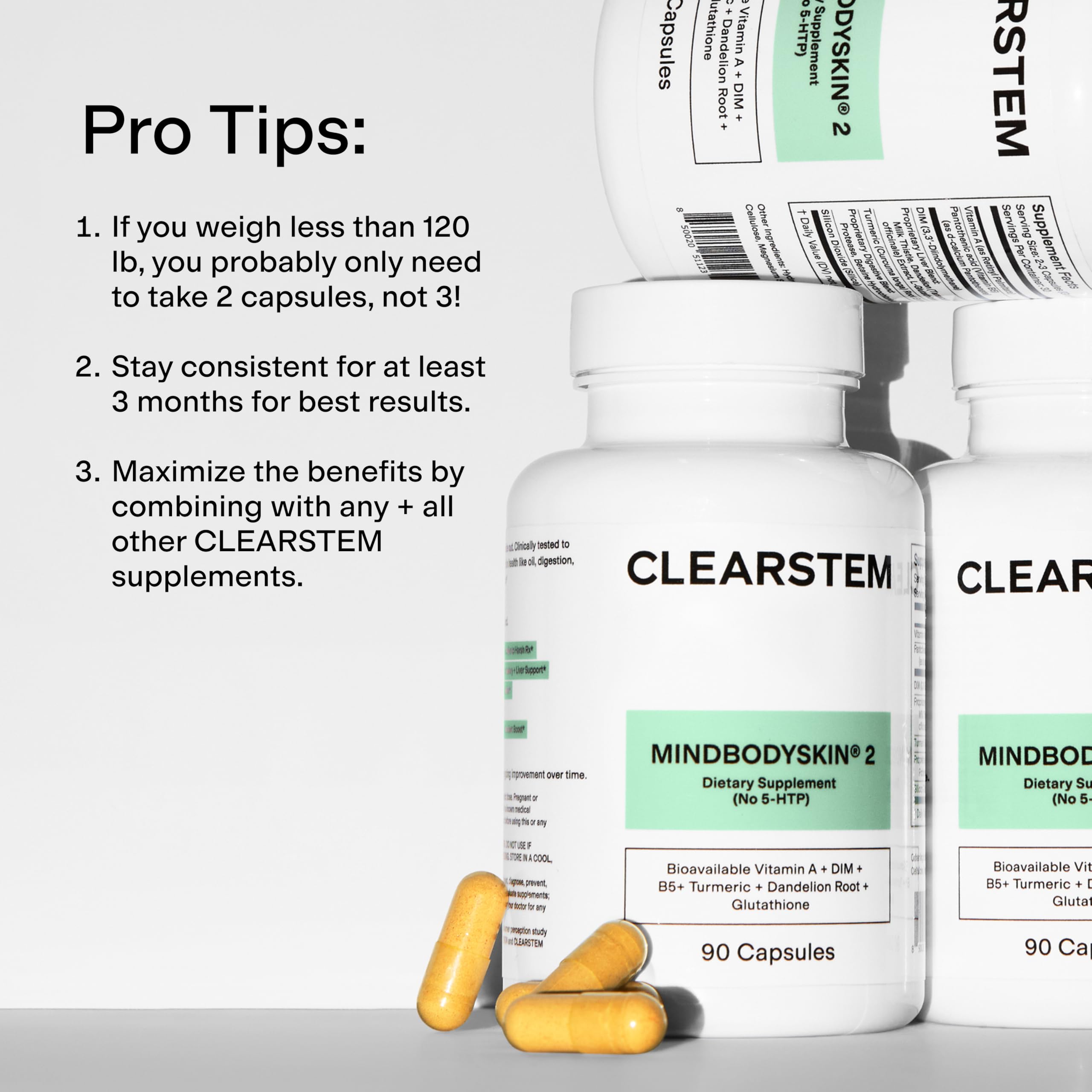 CLEARSTEM - MINDBODYSKIN Hormonal Acne Supplement (No 5-HTP) - Natural DIM Supplement - Skin Care Vitamins - Hormone Balance, Antioxidants - Gluten Free, Cruelty Free - 30 Servings, 90 Capsules