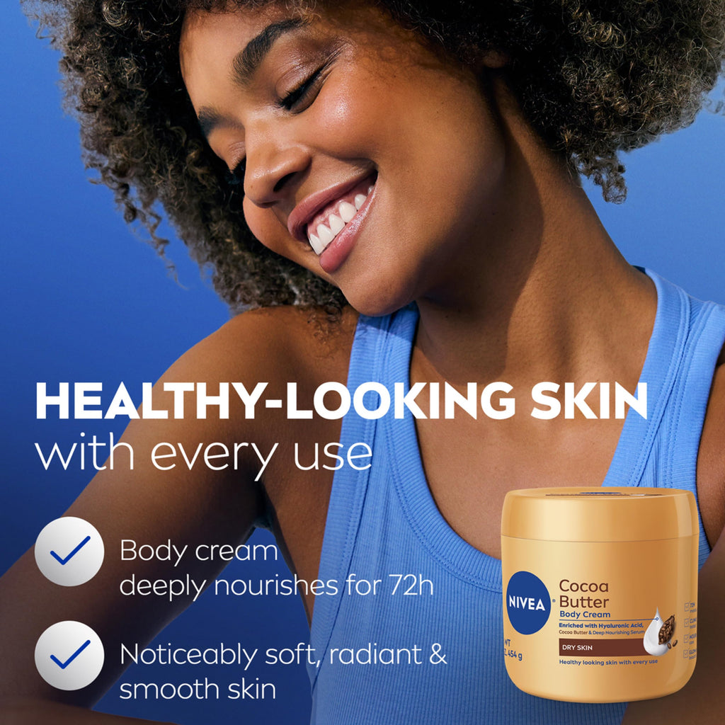 NIVEA Cocoa Butter Body Cream with Hyaluronic Acid, 16 OZ | Cocoa Butter Body Cream with Hyaluronic Acid and Deep Nourishing Serum, For Radiant and Smooth Skin, 72-Hour Body Moisturizer