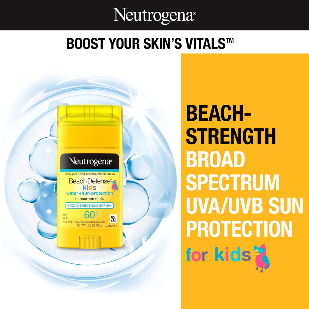 Neutrogena Beach Defense Kids Sunscreen Stick SPF 60+, 1.5 oz | Hawaii Reef Act 104 Compliant, Octinoxate & Oxybenzone Free, Face & Body, Travel Size