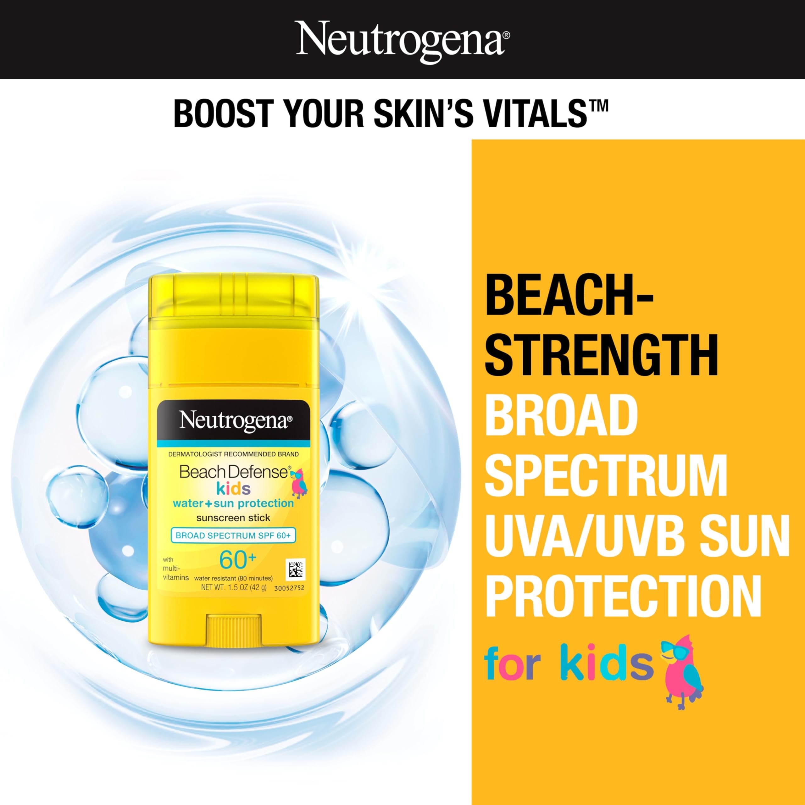 Neutrogena Beach Defense Kids Sunscreen Stick SPF 60+, 1.5 oz | Hawaii Reef Act 104 Compliant, Octinoxate & Oxybenzone Free, Face & Body, Travel Size