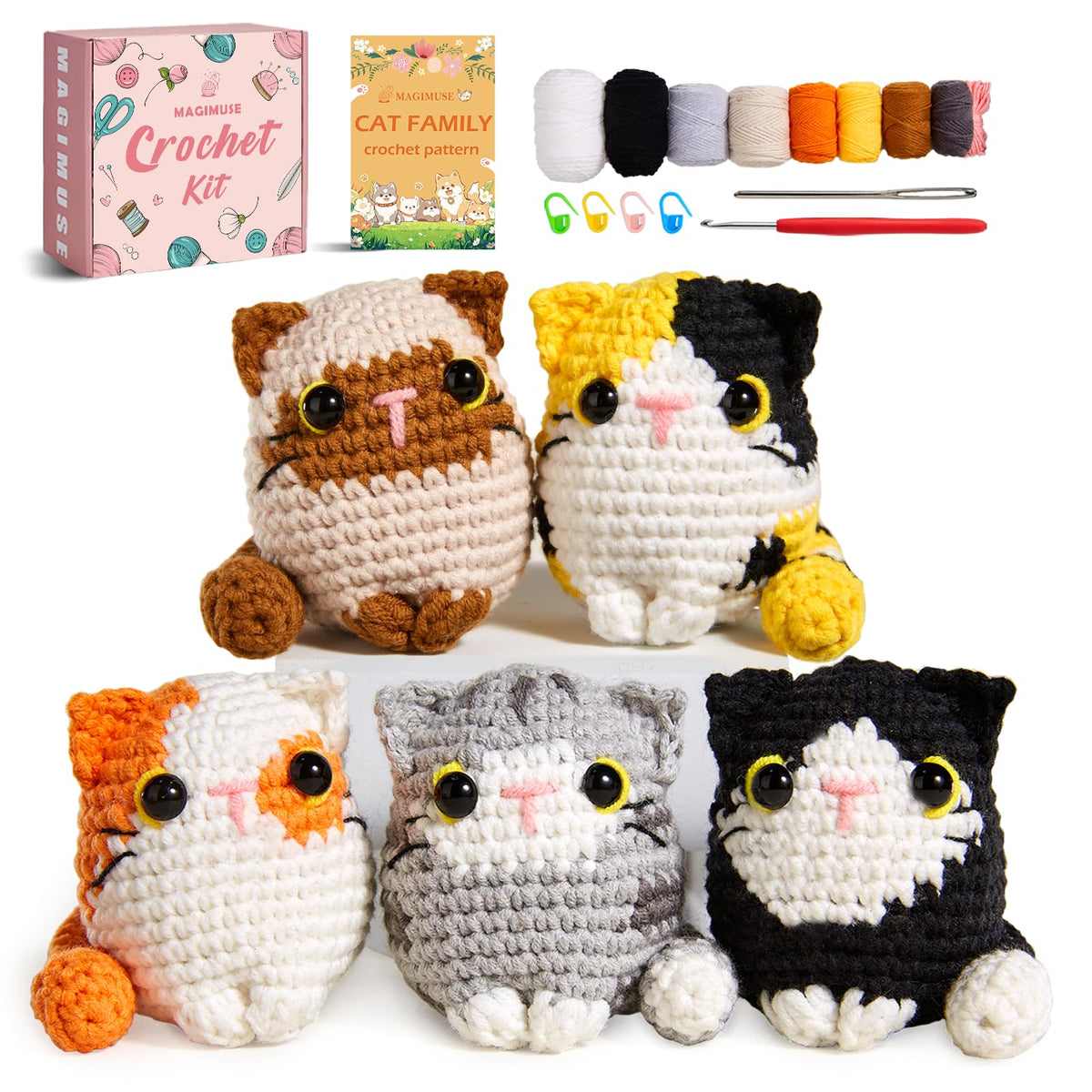 MAGIMUSE Crochet Kit for Beginners, 5 Cat Crochet Amigurumi Craft Kit
