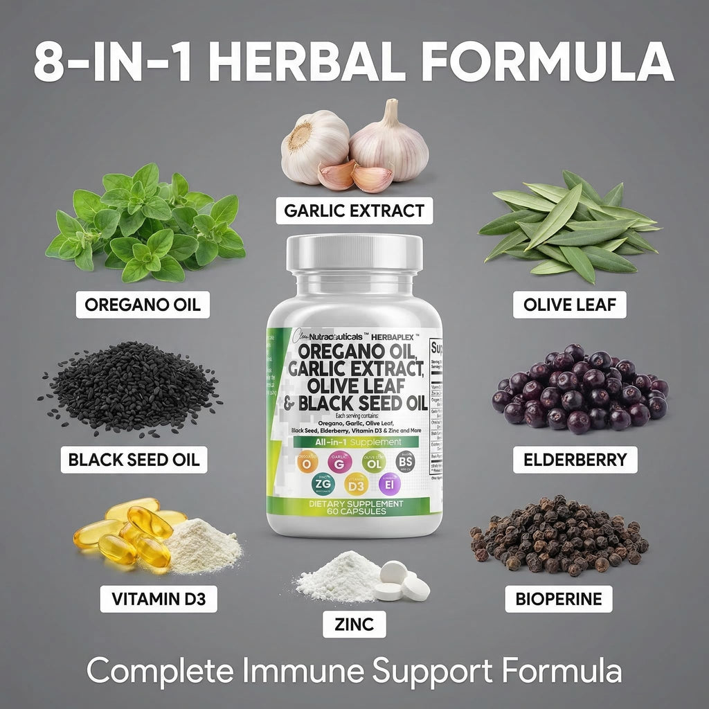 Clean Nutra Oregano Oil with Black Seed Oil Garlic Olive Leaf Extract - Oil of Oregano Capsules Immune Support Carvacrol & Thymoquinone Supplement for Women and Men + Elderberry Vitamin D3 & Zinc