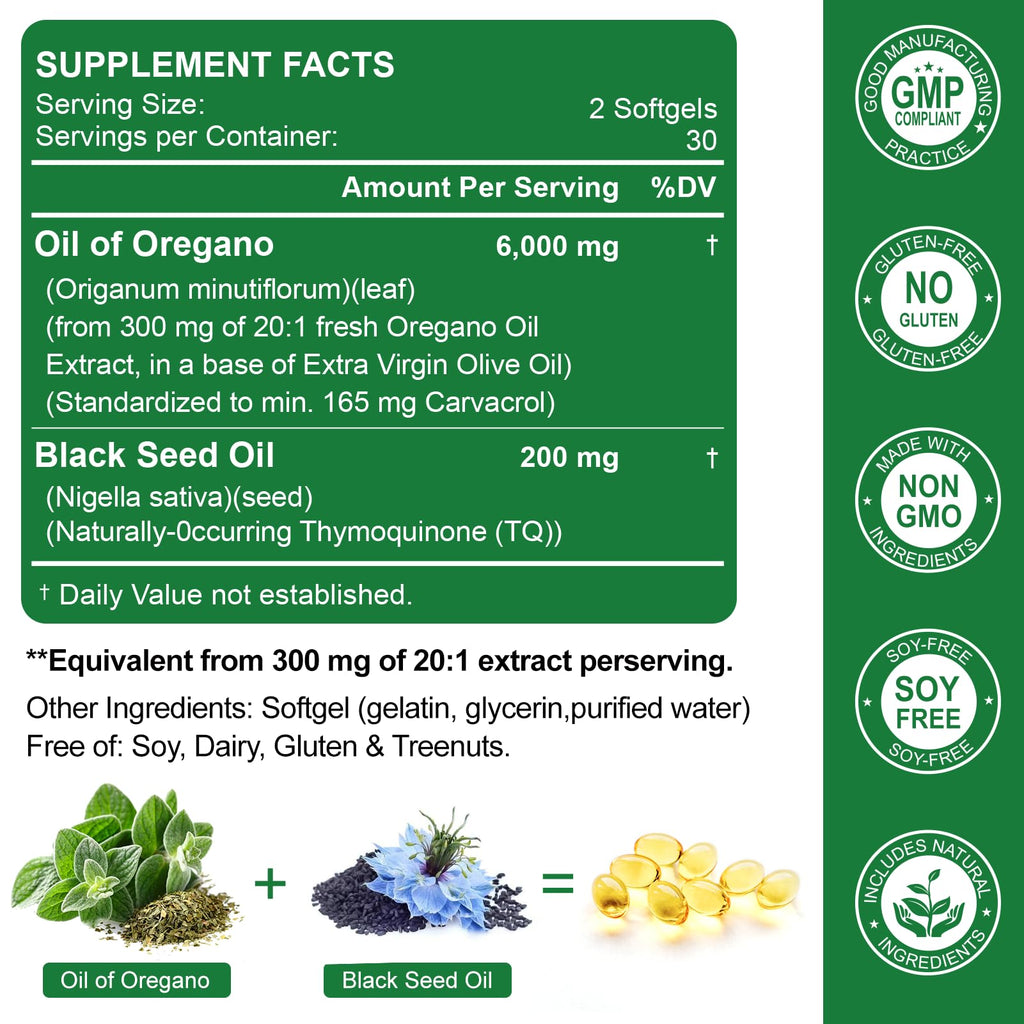 Nature's live Oil of Oregano with Black Seed Oil | 2 in 1 Oregano Supplement for Immune Health, Retains High Concentrated Carvacrol & Thymoquinone, 60 Softgels, 2 Pack