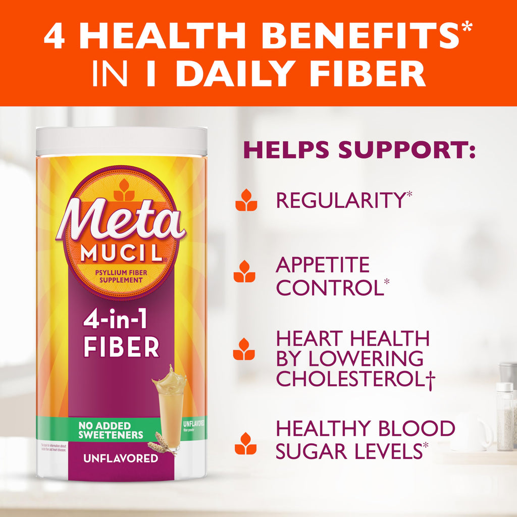 Metamucil, Daily Psyllium Husk Powder Supplement, Sugar-Free Powder, 4-in-1 Fiber for Digestive Health, No Added Sweetener, 114 teaspoons