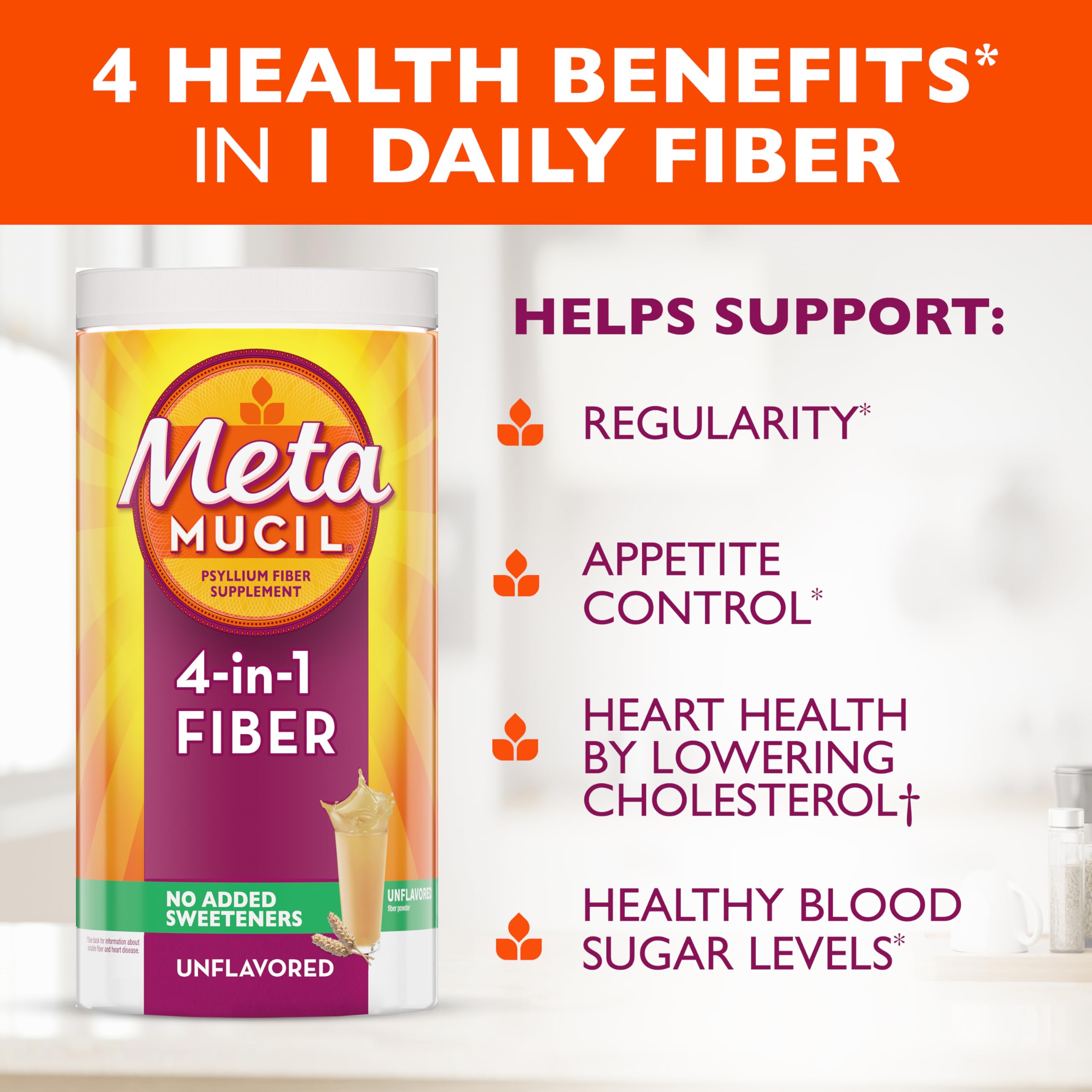 Metamucil, Daily Psyllium Husk Powder Supplement, Sugar-Free Powder, 4-in-1 Fiber for Digestive Health, No Added Sweetener, 114 teaspoons