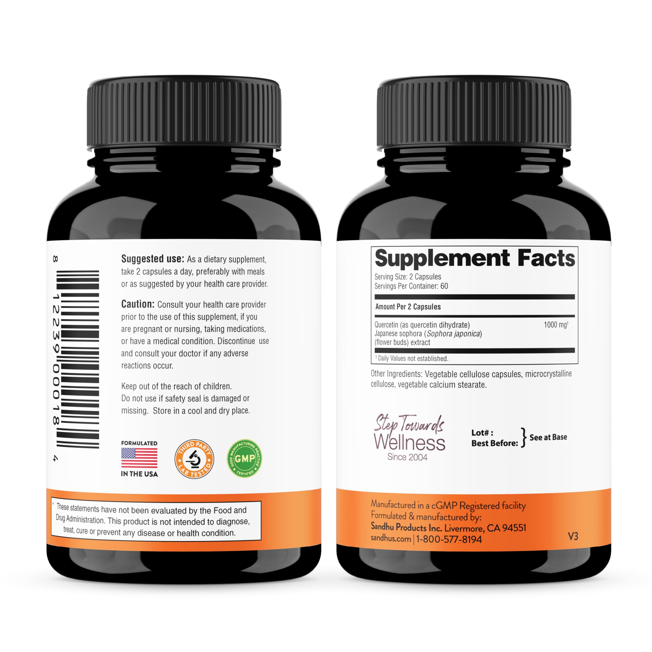 Sandhu's Quercetin 500mg Capsules 1000mg Per Serving 240 Ct Vegetarian | Immune Support Quercitin Supplements Gluten-Free Antioxidant For Circulatory Health 120 Servings By Sandhu's