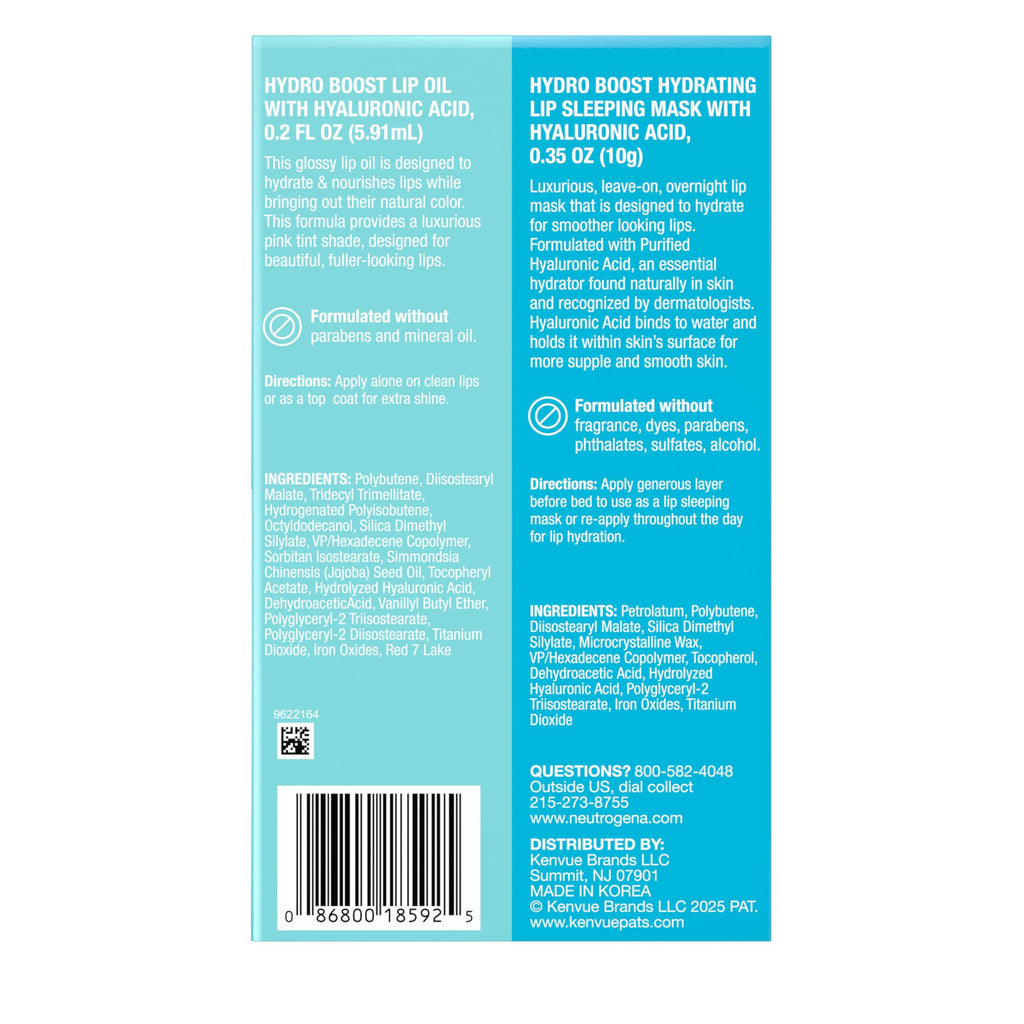 Buy now Neutrogena Hydro Boost Lip Hydration Kit with Light Pink Tinted Lip Oil and Clear Overnight Lip Sleeping Mask, Both with Hyaluronic Acid Designed to Nourish & Hydrate Day & Night, 2 items at indiglob india