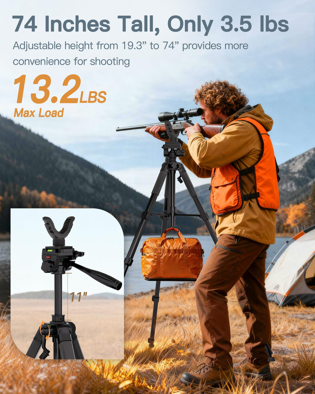 74" Adjustable Rifle Tripod Stand, Aluminum Shooting Tripod with V Yoke Gun Rest, Ground Spikes and 2 Camo Straps for Outdoor Shooting, Target Practice and Field Use