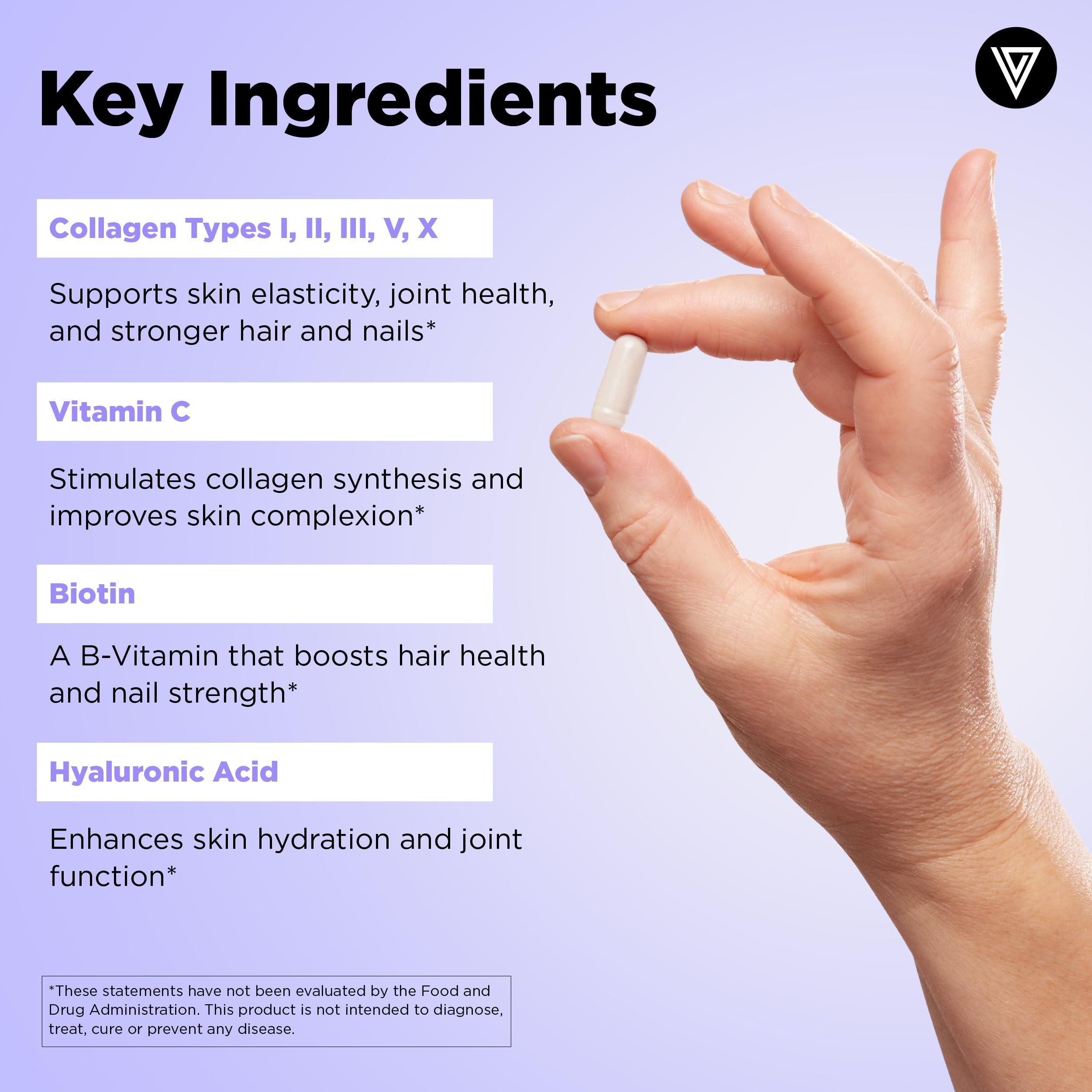 Vital Vitamins Multi Collagen Complex Plus Biotin, Hyaluronic Acid & VIT. C | Hair, Skin, & Nails Supplements for Women and Men, 5 Collagen Types I II III V & X, 150 Capsules