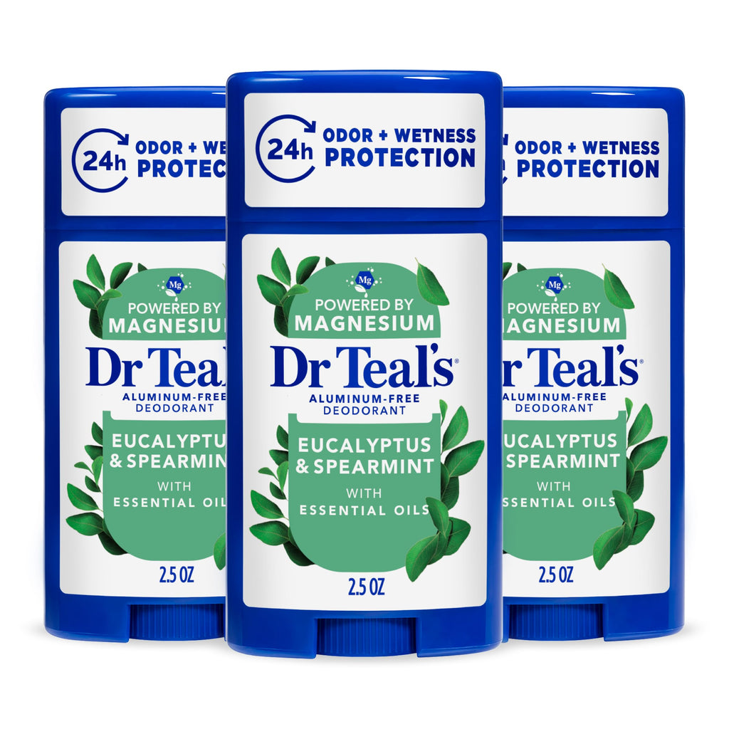 Dr Teal's Aluminum-Free Deodorant, Eucalyptus & Spearmint with Essential Oils, 2.5 oz (Pack of 3)