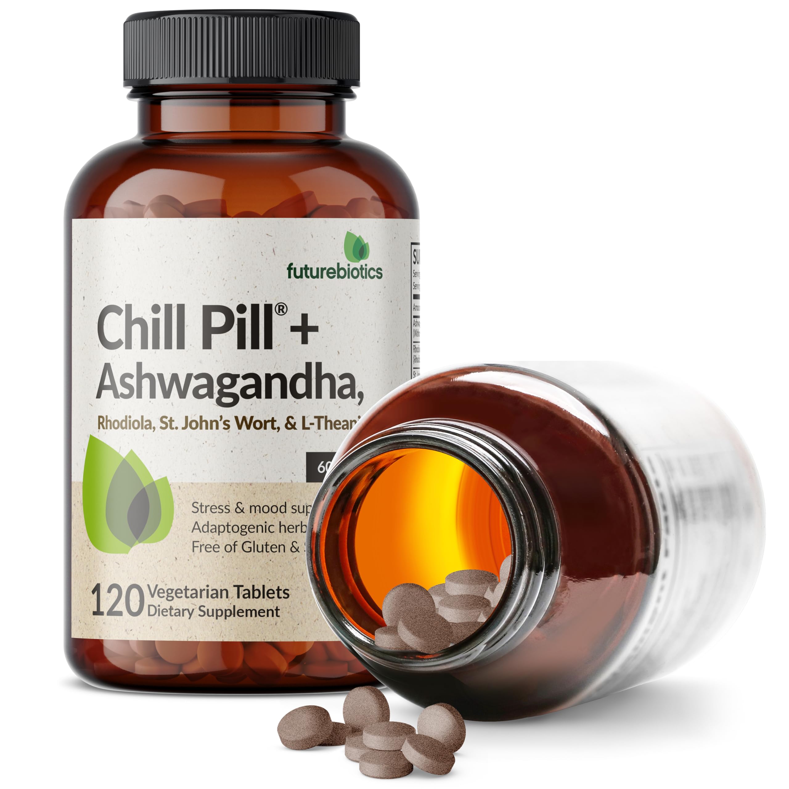 Futurebiotics Chill Pill + Ashwagandha, Stress & Mood Support, 120 Tablets | Advanced Calming Formula: Ashwagandha, Rhodiola, St. John's Wort & L-Theanine, Vegan, Non-GMO, Gluten-Free & Soy-Free