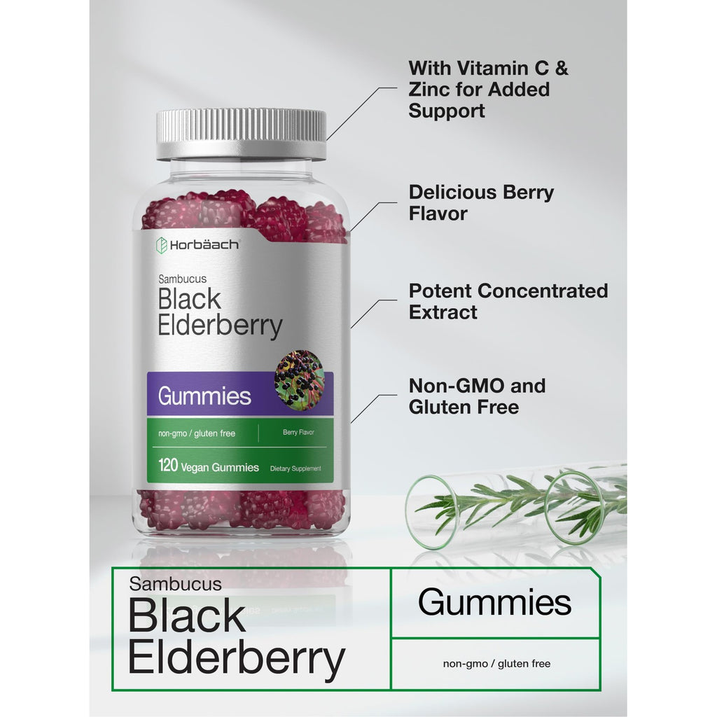 Horbaach Black Elderberry Gummies | 120 Count | Berry Flavor | Sambucus Extract with Zinc and Vitamin C | Vegan, Non-GMO, and Gluten Free Supplement for Adults