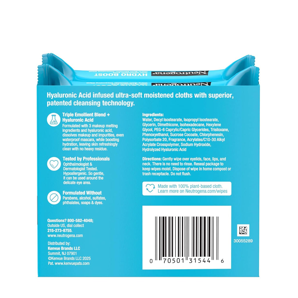 Buy now Neutrogena Hydro Boost Ultra-Soft Micellar Cleansing Wipes with Hyaluronic Acid, Hydrating Makeup Remover Wipes Remove Dirt & Waterproof Makeup, Hypoallergenic, Plant-Based Cloth, 2 x 25 ct at indiglob india