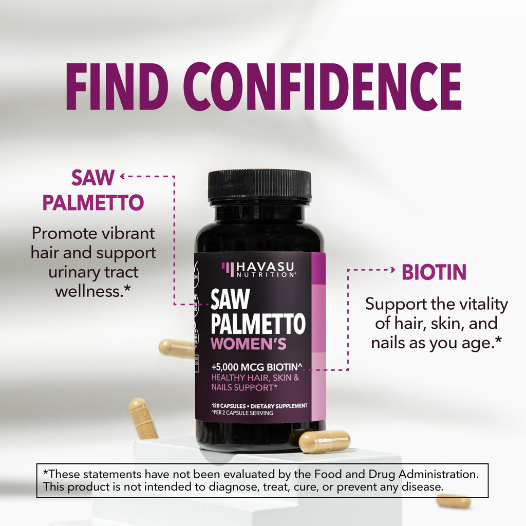 Saw Palmetto for Women with Bitoin 5000mcg Per Serving, 60-Day Supply | Vegan, Non-GMO DHT Blocker for Women for Hair, Skin and Nails, Saw Palmetto Extract with Biotin for Thicker Looking Hair