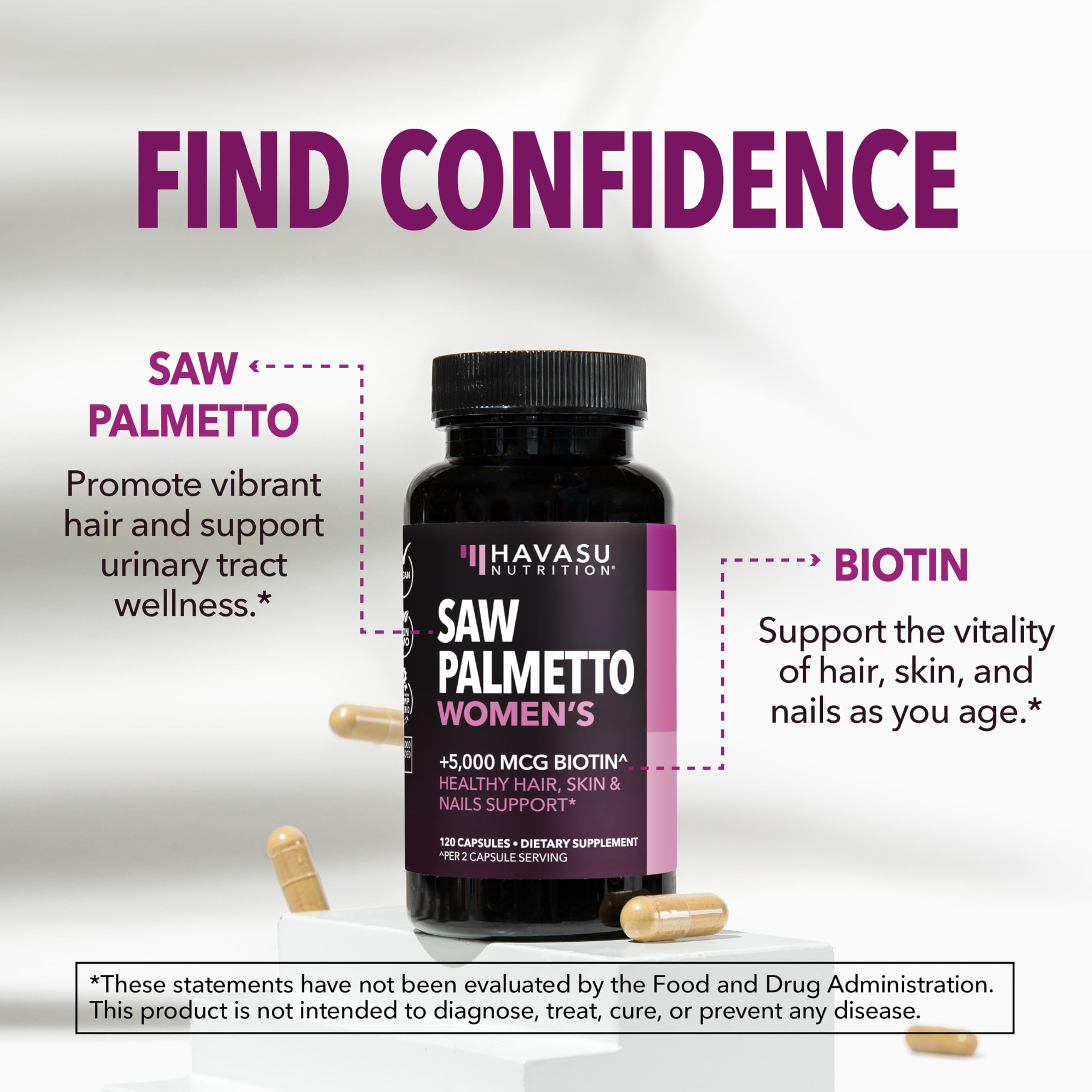 Saw Palmetto for Women with Bitoin 5000mcg Per Serving, 60-Day Supply | Vegan, Non-GMO DHT Blocker for Women for Hair, Skin and Nails, Saw Palmetto Extract with Biotin for Thicker Looking Hair